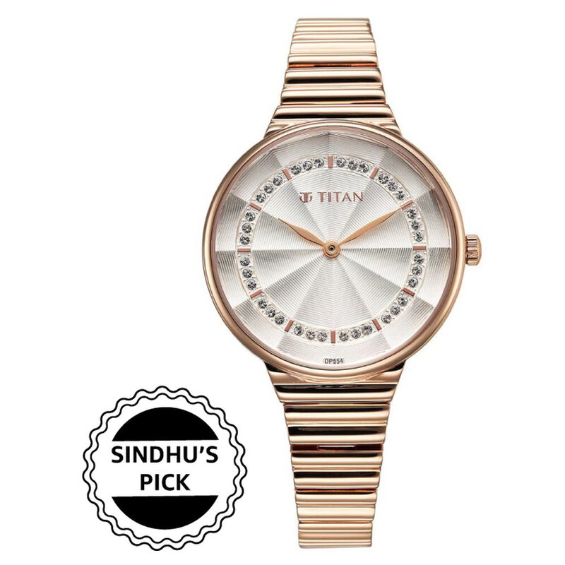 Titan Aura Quartz Analog Silver Dial Rose Gold Stainless Steel Strap Watch For Women
