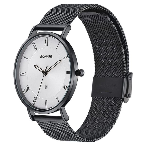 Sonata Quartz Analog with Date Silver Dial Black Stainless Steel Strap Watch For Men - image number 3