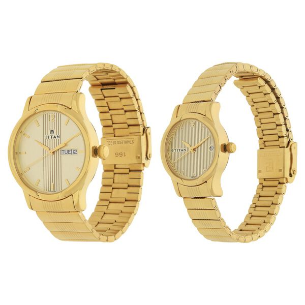 Titan Bandhan Champagne Dial Analog with Day and Date Stainless Steel Strap watch for Couple - image number 1