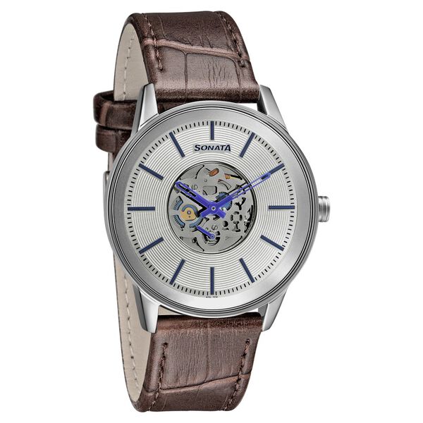 Sonata Quartz Multifunction Silver Dial Leather Strap Watch for Men - image number 0