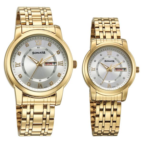 Sonata Perfect Pairs Quartz Analog Silver Dial Golden Metal Strap Watch For Couple - image number 0