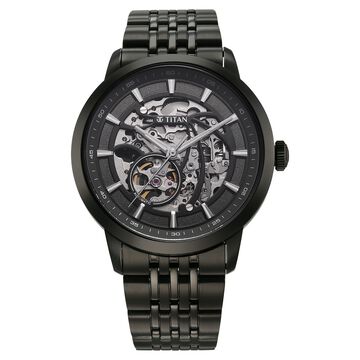 Titan Phoenix Skeletal Automatic Analog with Gun Dial Black Stainless Steel Strap Watch for Men