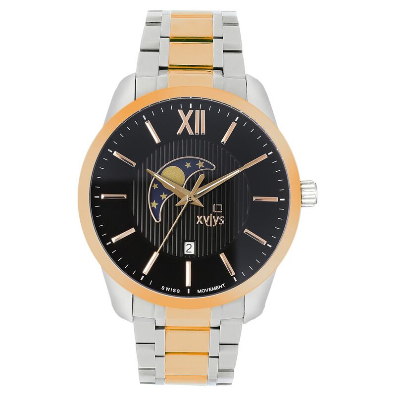 Xylys Swiss Analog Two Toned Stainless Steel Strap and Black Dial Watch For Men