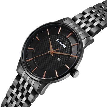 Sonata Wedding Quartz Analog Black Dial Stainless Steel Strap Watch For Men