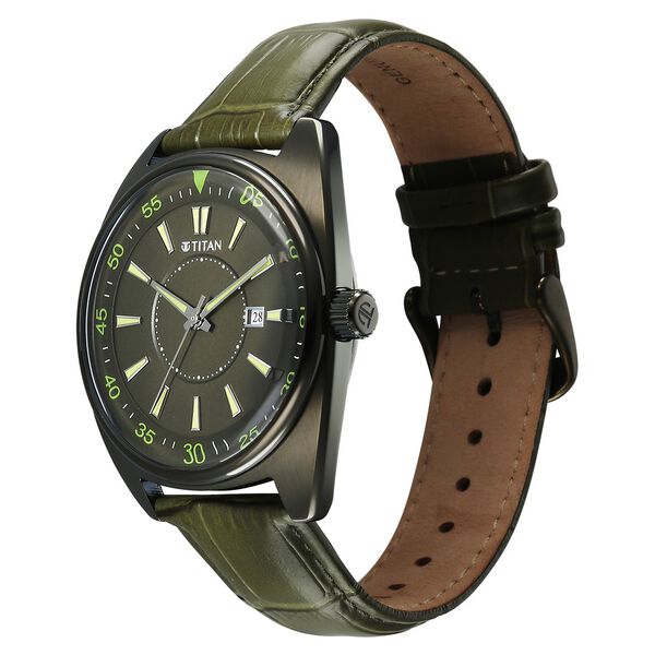 Titan Tonneau Analog with Date and Green Dial Green Leather Strap Watch for Men - image number 2