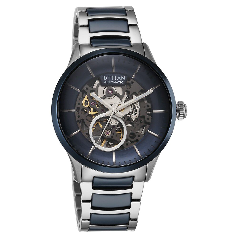 Buy Online Titan Ceramic Fusion Automatic Blue Dial Silver Dual Toned Stainless Steel Bracelet Watch for Men 90174kd02 Titan