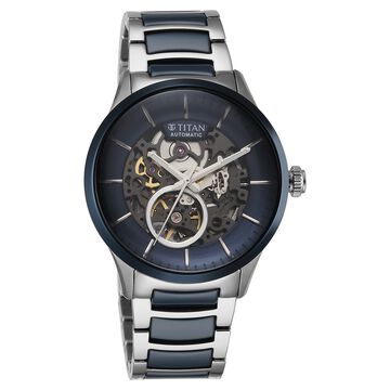Titan Ceramic Fusion Automatic Blue Dial Silver Dual-Toned Stainless Steel Bracelet Watch for Men
