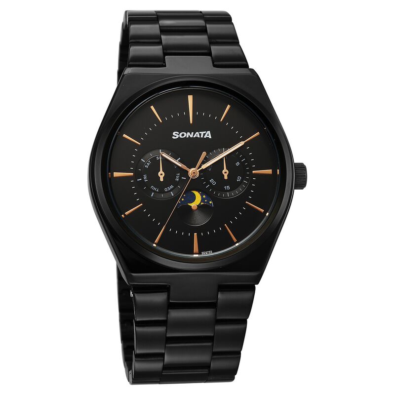 Sonata Festive Quartz Analog Black Dial Metal Strap Watch For Men