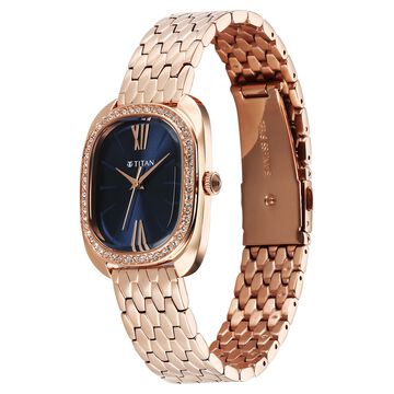 Titan Glamour Quartz Analog Blue Dial Rose Gold Stainless Steel Strap Watch For Women