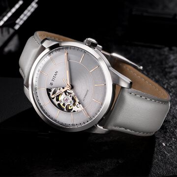 Titan Automatic Sectoral Grey Dial Grey Leather Strap Watch for Men