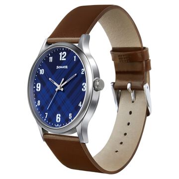 Sonata Smart Plaid Quartz Analog Blue Dial Leather Strap Watch for Men