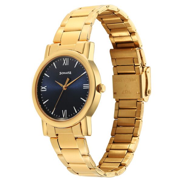 Buy Online Sonata Classic Quartz Analog Blue Dial Golden Stainless