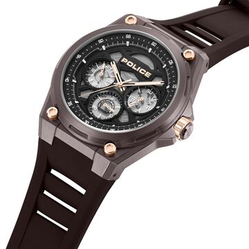 Police Quartz Multifunction Black Dial Brown Silicone Strap Watch For Men