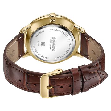 Sonata Jashn Quartz Analog Golden Dial Brown Leather Strap Watch For Men