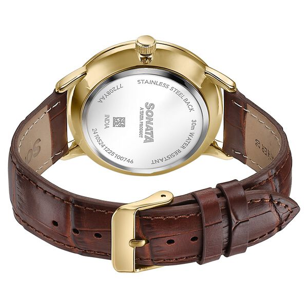 Sonata Jashn Quartz Analog Golden Dial Brown Leather Strap Watch For Men - image number 5