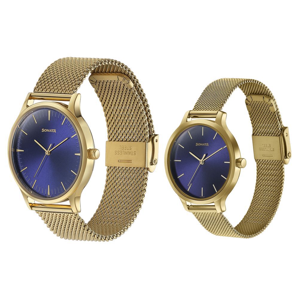 Buy Online Sonata Modern Bandhan Quartz Analog Blue Dial Stainless Steel Strap Watch for Couple 7710587050ym03 Titan