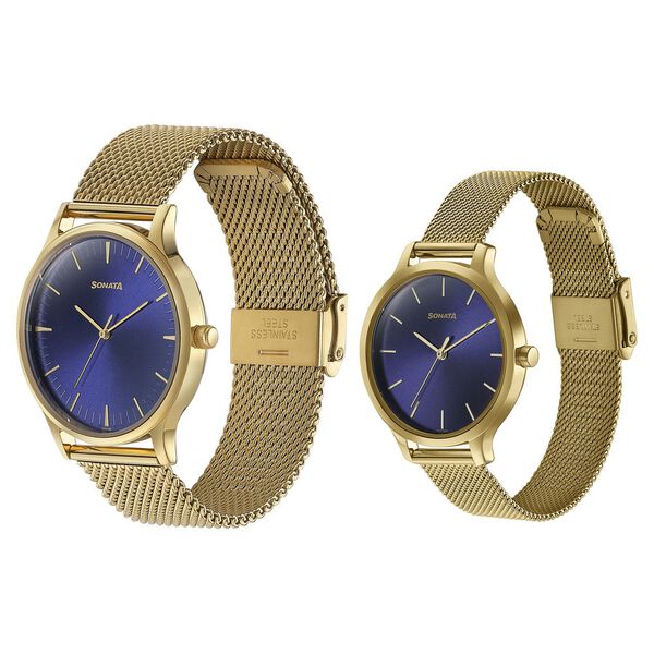 Sonata Modern Bandhan Quartz Analog Blue Dial Stainless Steel Strap Watch for Couple - image number 2