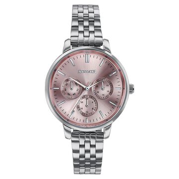 Sonata Verve Quartz Multifunction Pink Dial Rose Gold Metal Strap Watch For Women