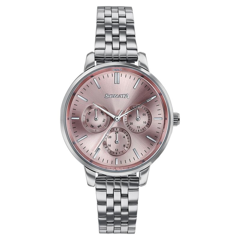 Sonata Verve Quartz Multifunction Pink Dial Rose Gold Metal Strap Watch For Women
