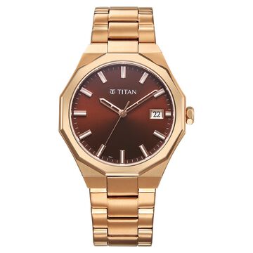Titan Regalia Dodecagon Quartz Analog with Date Brown Dial Rose Gold Stainless Steel Strap Watch For Men