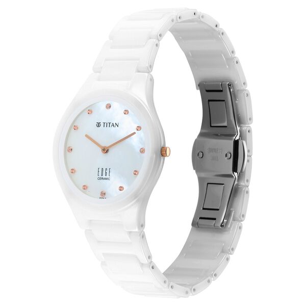 Titan Edge Ceramic Quartz in Arctic White with Diamonds and Rich Mother Of Pearl Dial Watch for Women - image number 3
