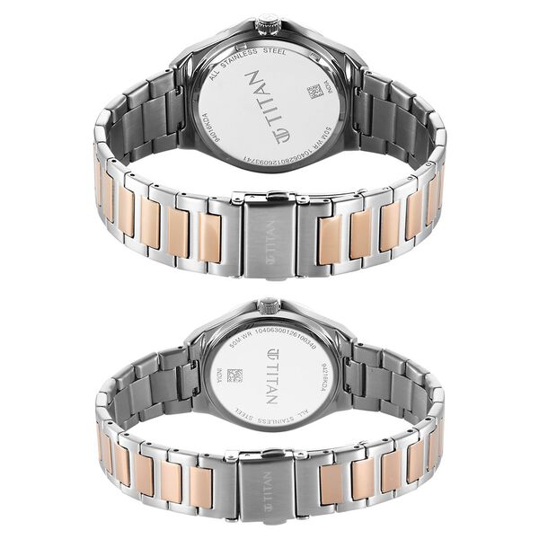 Titan Modern Bandhan Pair Analog with White Dial Dual Tone Rose Gold Stainless Steel Strap Watch for Couples - image number 4