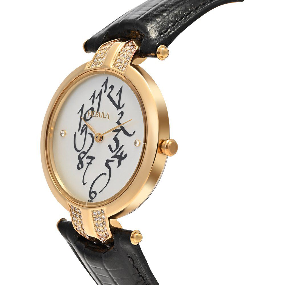 Buy Online Titan Nebula Calligraphy 18k Gold Analog with Diamonds Leather Strap Watch for Men np5014dl01 Titan