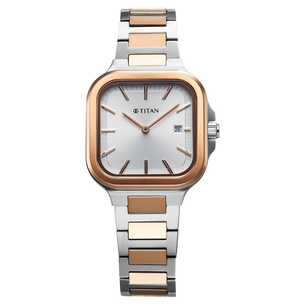 Titan Slim Square Quartz Analog with Date Silver Dial With Two Toned Color Stainless Steel Strap Watch For Women-image-37