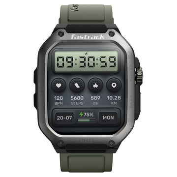 Fastrack Active Pro with 4.69 cm AMOLED Display and AOD, Functional Crown, BT Calling Rugged Smartwatch with Khaki Strap