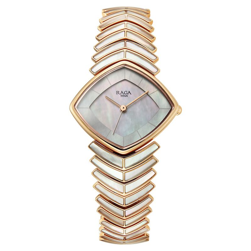 Titan Raga Chic Glam Quartz Analog Mother Of Pearl Dial Rose Gold Metal Strap Watch For Women