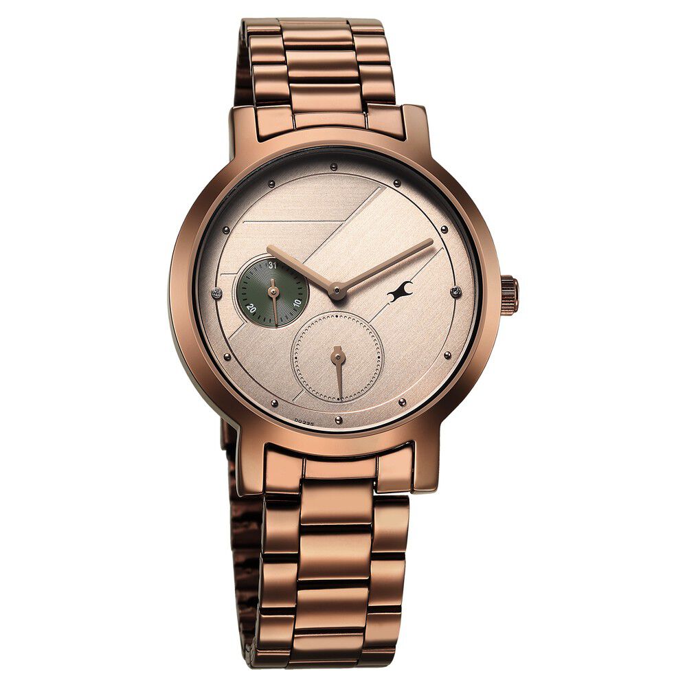 Buy Online Fastrack Tick Tock Quartz Analog Beige Dial With Brown Stainless steel Strap Watch for Girls 6225qm01 Titan