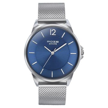 Sonata Poze Quartz Analog Blue Dial Silver Color Stainless Steel Strap Watch For Men