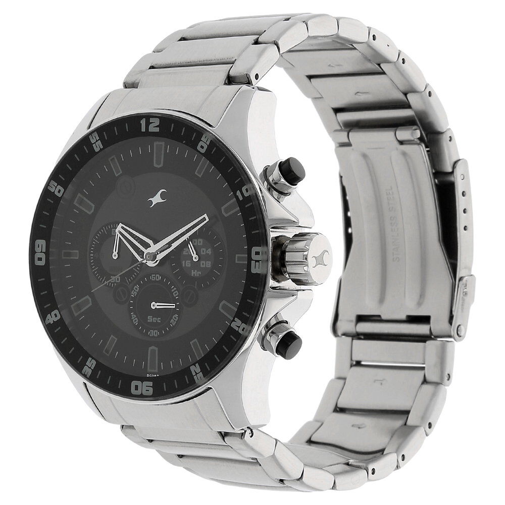 Buy Online Fastrack Big Time Quartz Chronograph Black Dial Stainless Steel Strap Watch for Guys ns3072sm01 Titan