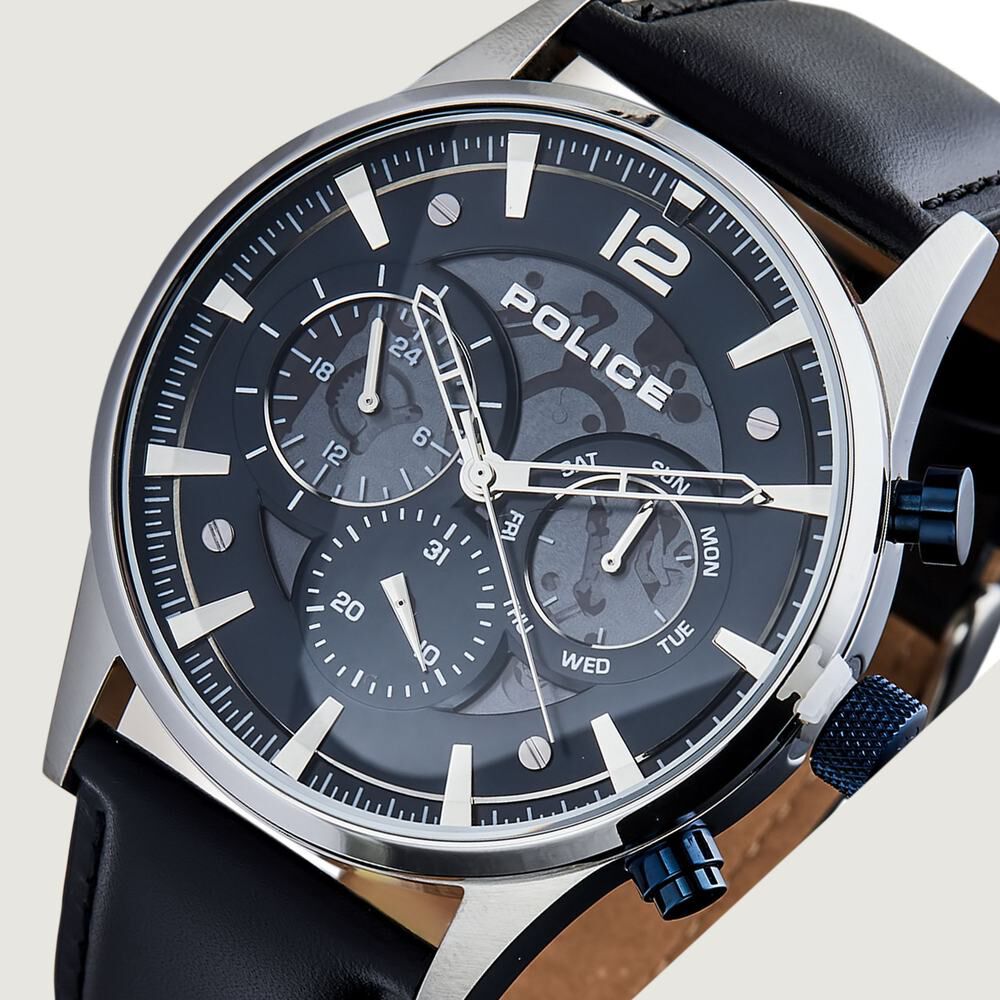Buy Online Police Quartz Multifunction Black Dial Leather Strap