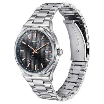 Sonata Jashn Quartz Analog Black Dial Silver Metal Strap Watch For Men