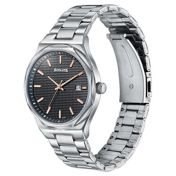 Sonata Jashn Quartz Analog Black Dial Silver Metal Strap Watch For Men - image number 2