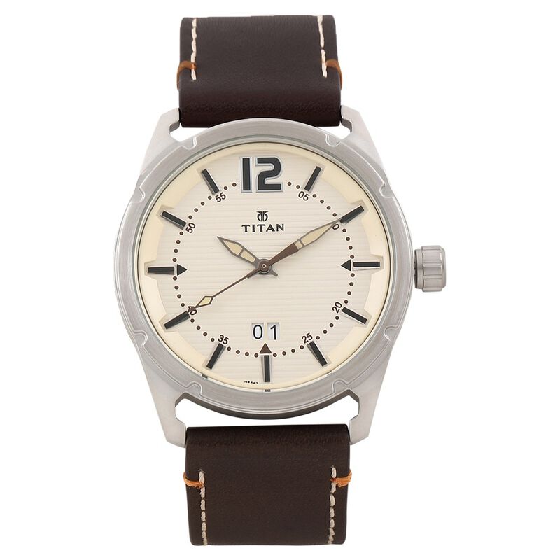 Titan Stainless Steel Analog with Date Brown Leather Strap watch for Men