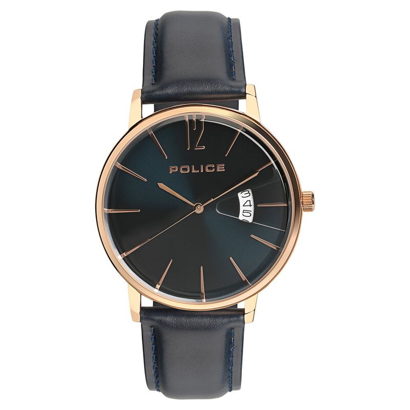 Police Quartz Analog with Date Blue Dial Leather Strap Watch for Men