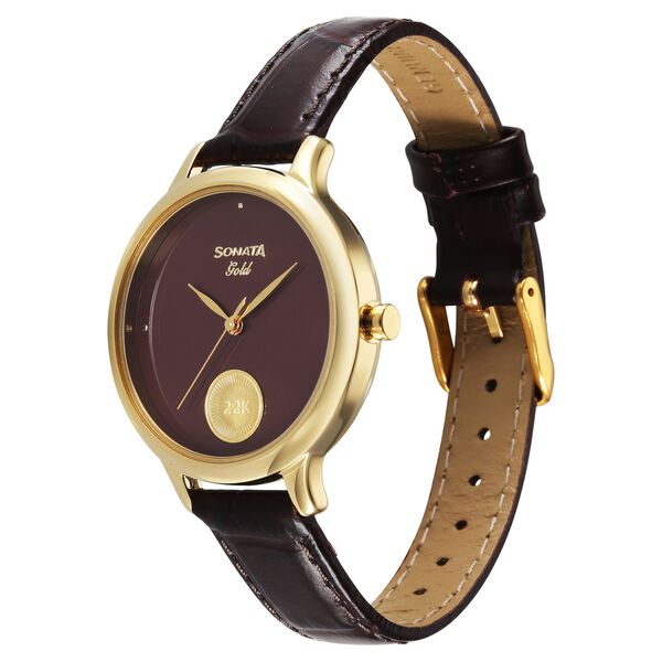 Sonata Gold Quartz Analog Regal Maroon With Gold Coin Dial Brown Leather Strap Watch For Women - image number 2