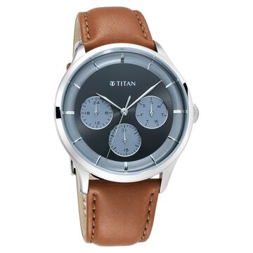 Titan Light Leathers Black Dial Quartz Multifunction Leather Strap watch for Men