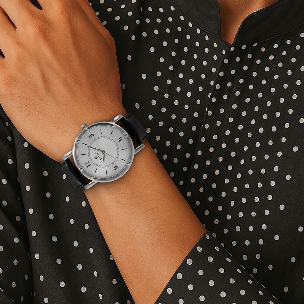 Buy Online Titan Quartz Analog Silver Dial Leather Strap Watch for