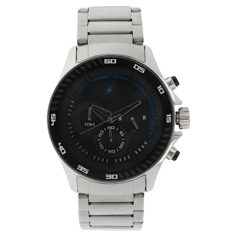 Fastrack Big Time Quartz Chronograph Black Dial Stainless Steel Strap Watch for Guys