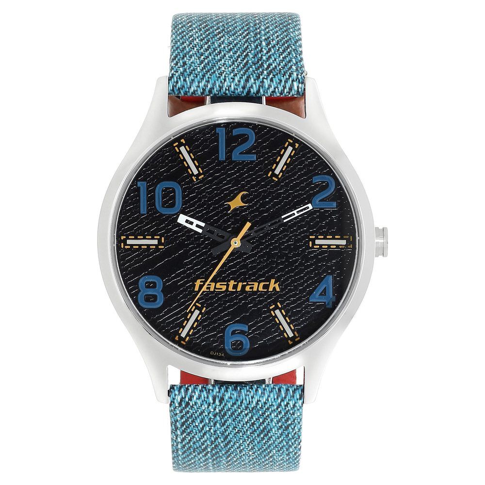 Buy Online Fastrack Denim Quartz Analog Black Dial Leather Strap Watch for Guys 3184sl02 p Titan