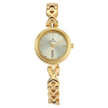 Titan Quartz Analog with Day and Date Champagne Dial Metal Strap Watch for Women