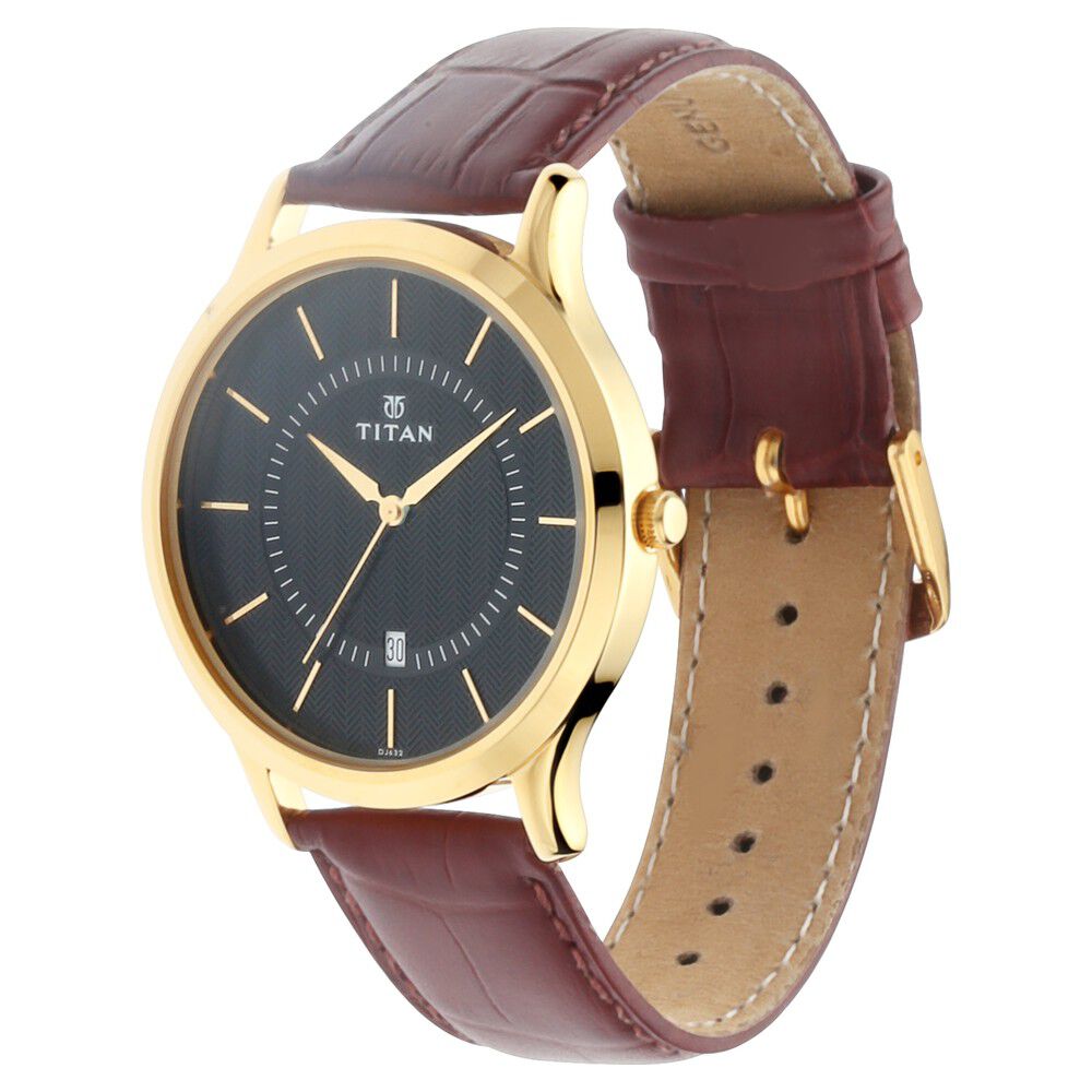 Buy Online Titan Quartz Analog with Date Black Dial Leather Strap