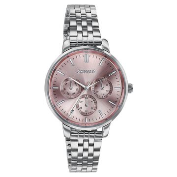 Sonata Verve Quartz Multifunction Pink Dial Rose Gold Metal Strap Watch For Women