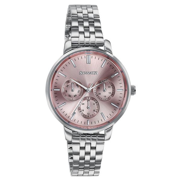 Sonata Verve Quartz Multifunction Pink Dial Rose Gold Metal Strap Watch For Women - image number 1