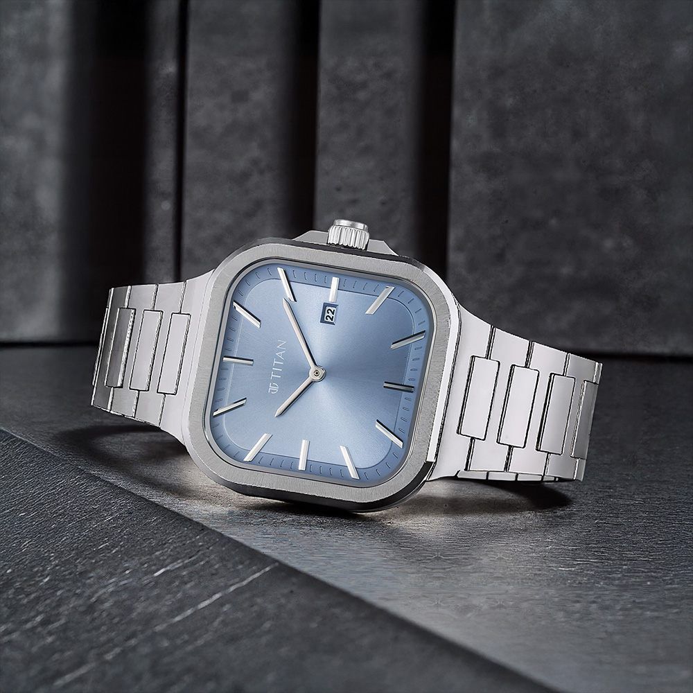 Titan Classique Slim Square Quartz Analog with Date Blue Dial Silver Stainless Steel Strap Watch For Men-image-7