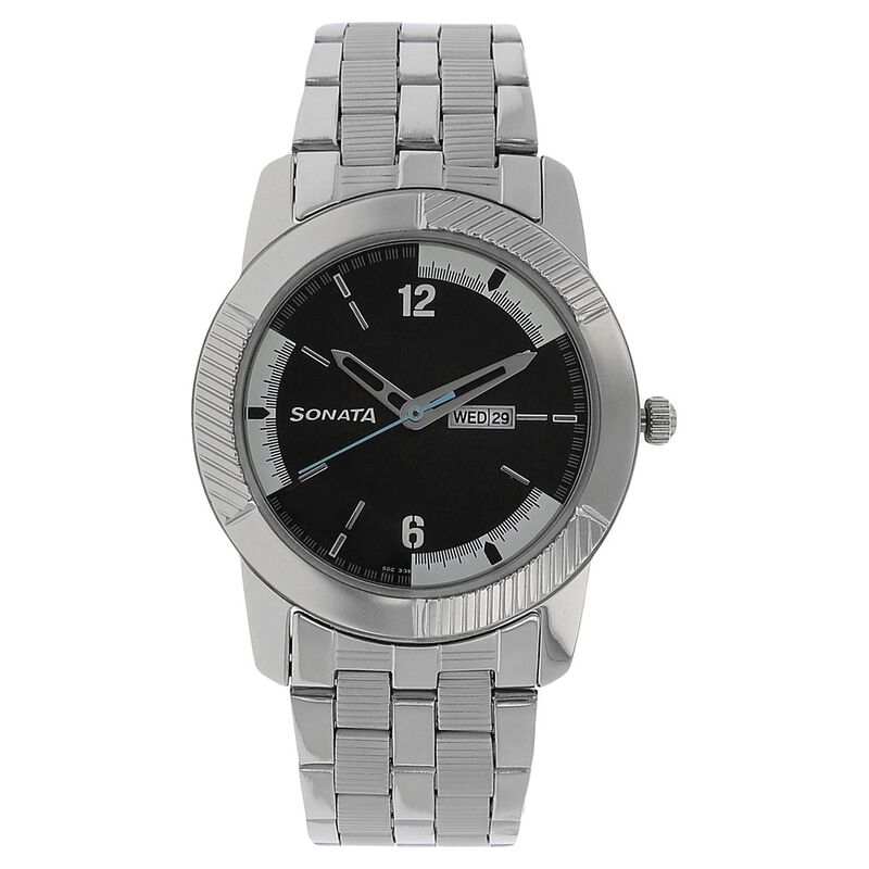 Sonata Quartz Analog Black Dial Stainless Steel Strap Watch for Men
