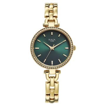 Titan Raga Showstopper Quartz Analog Green Dial Golden Metal Strap Watch For Women